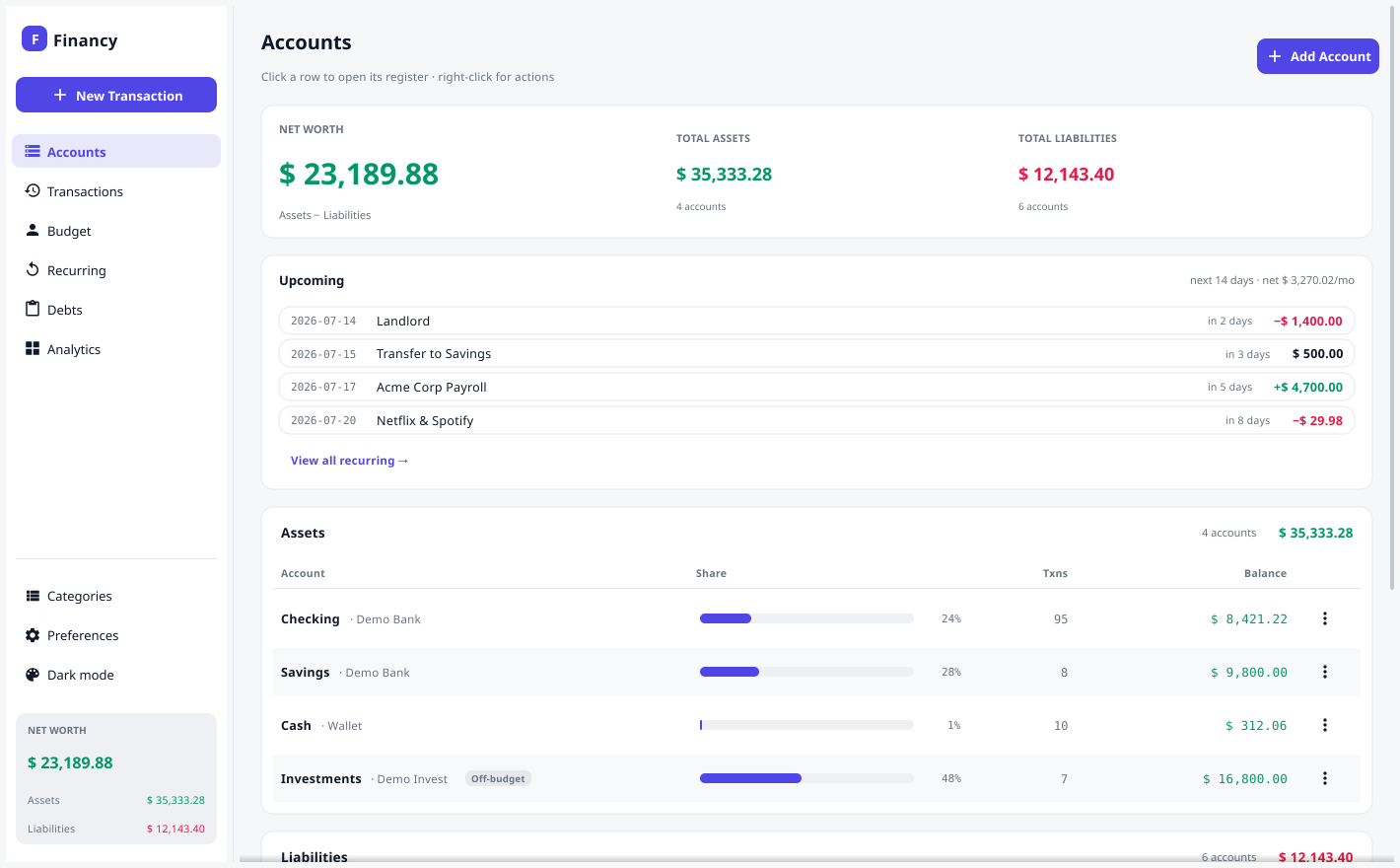 Accounts screen
