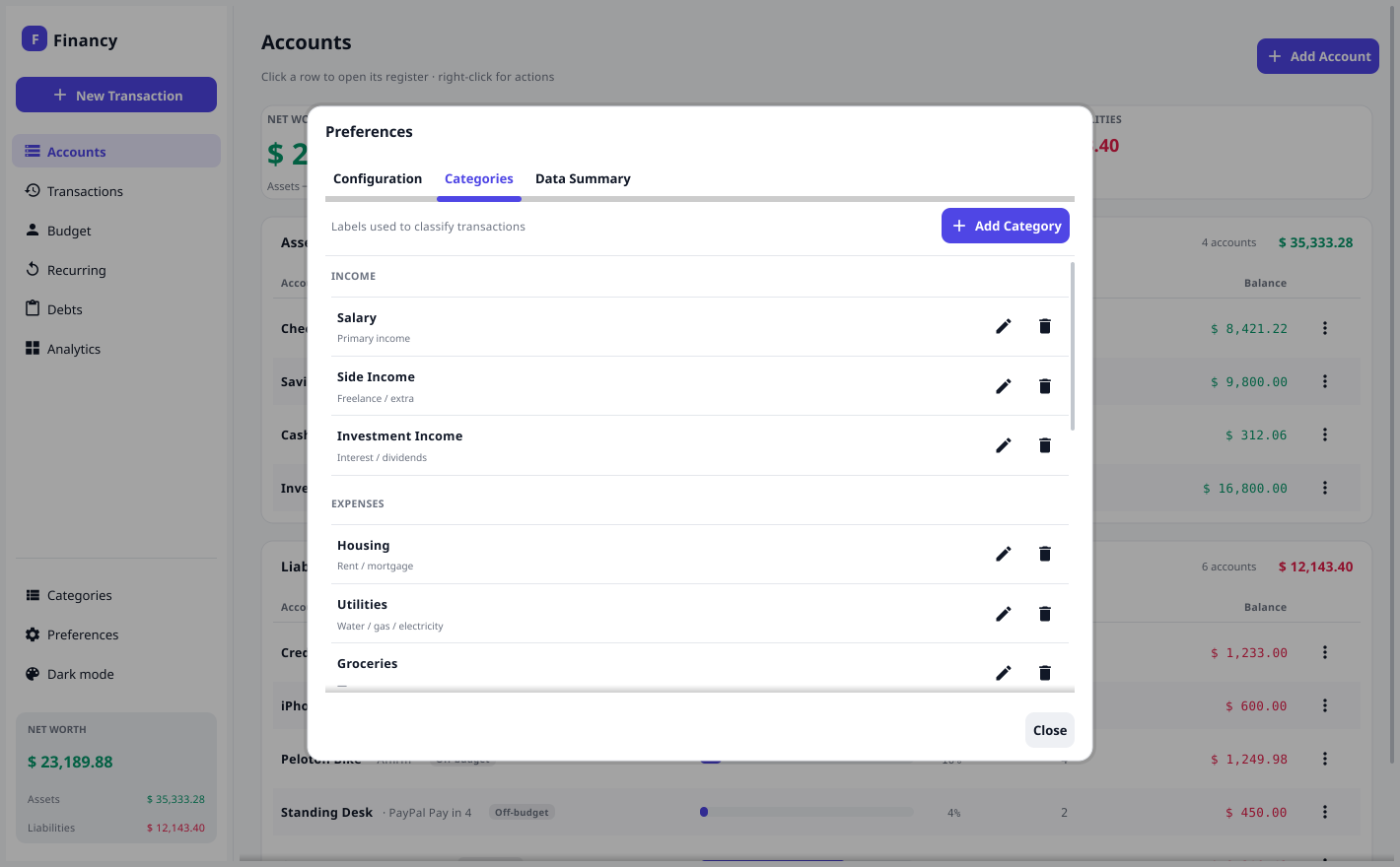 Categories in Preferences
