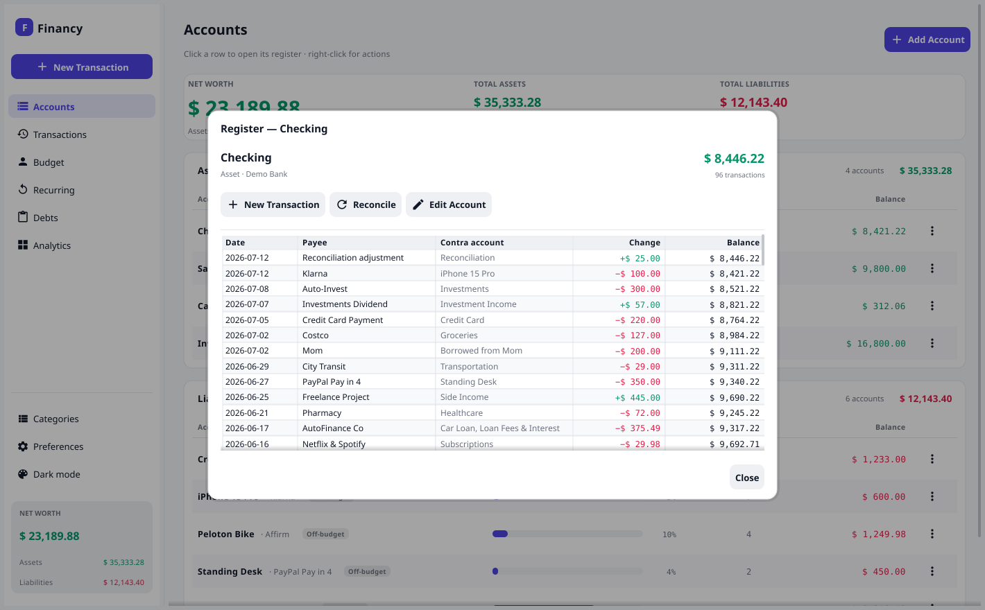 Reconciliation adjustment in the register