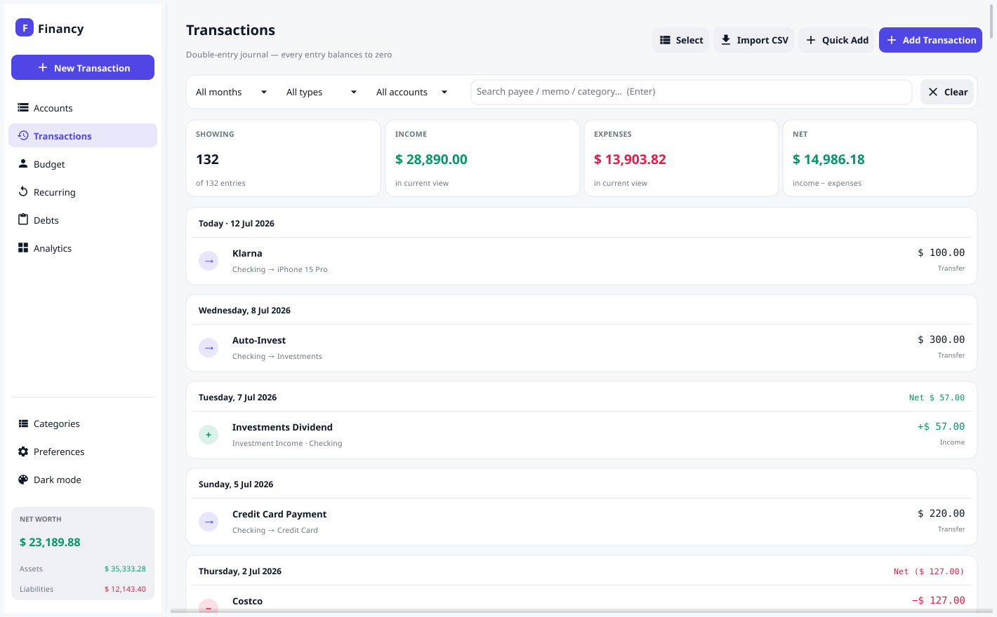 Transactions screen