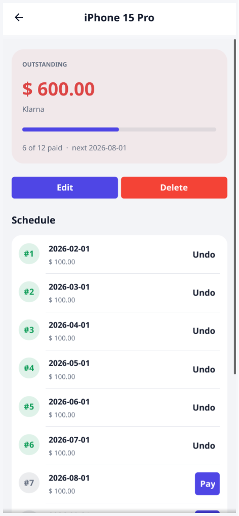 Mobile debt detail